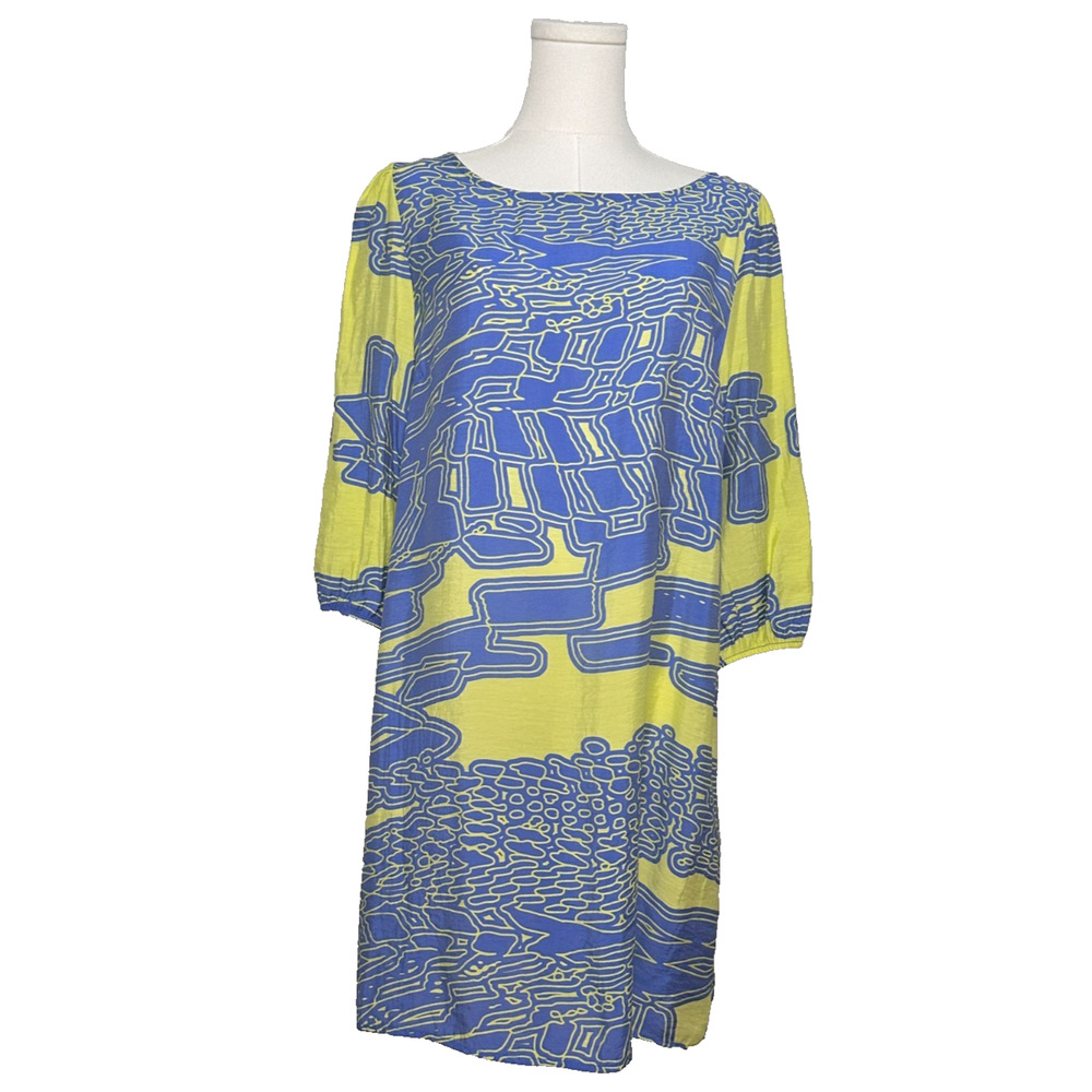 Maude 3/4 Sleeve Shift Dress Blue Green Avant Garde Geometric Size 8